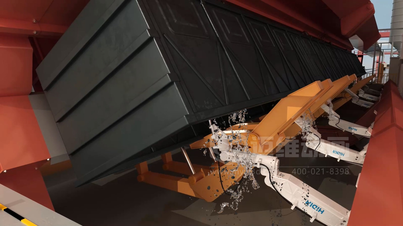 智能工廠工藝流程展示如何做到直觀易懂？工業(yè)3D動畫制作實景還原火車廂余料自動化清洗全流程(圖1)